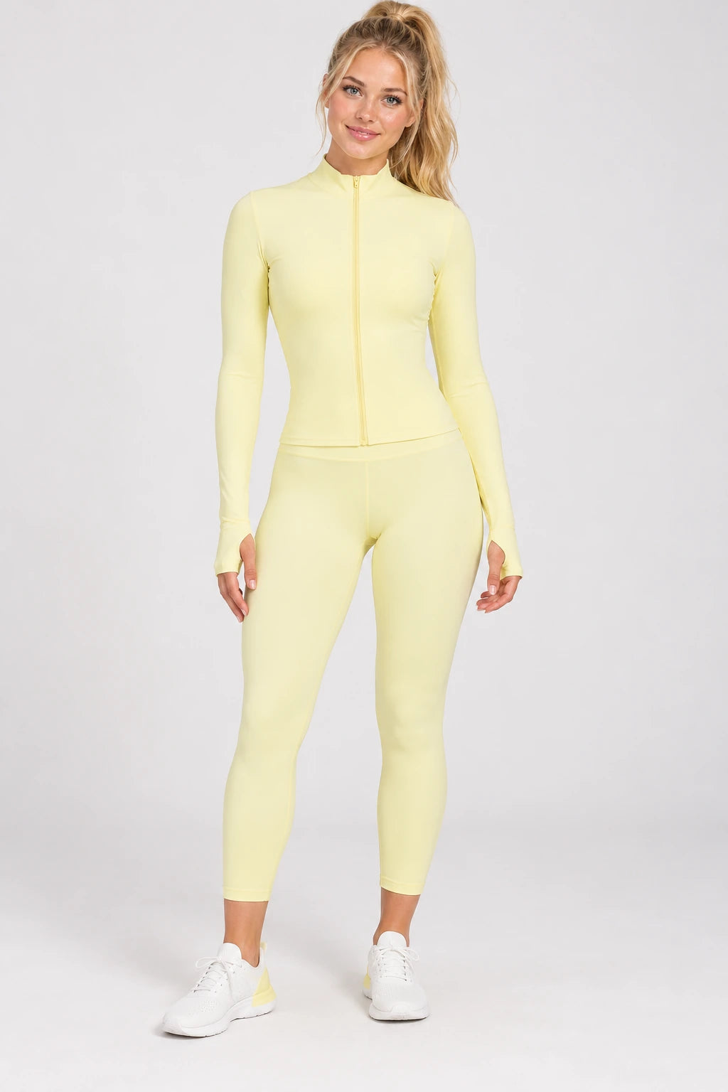 WEARHUB Nylon-Spandex Barely-There Long-Sleeve Active Top — WHZ126 — Ivory Yellow, front view