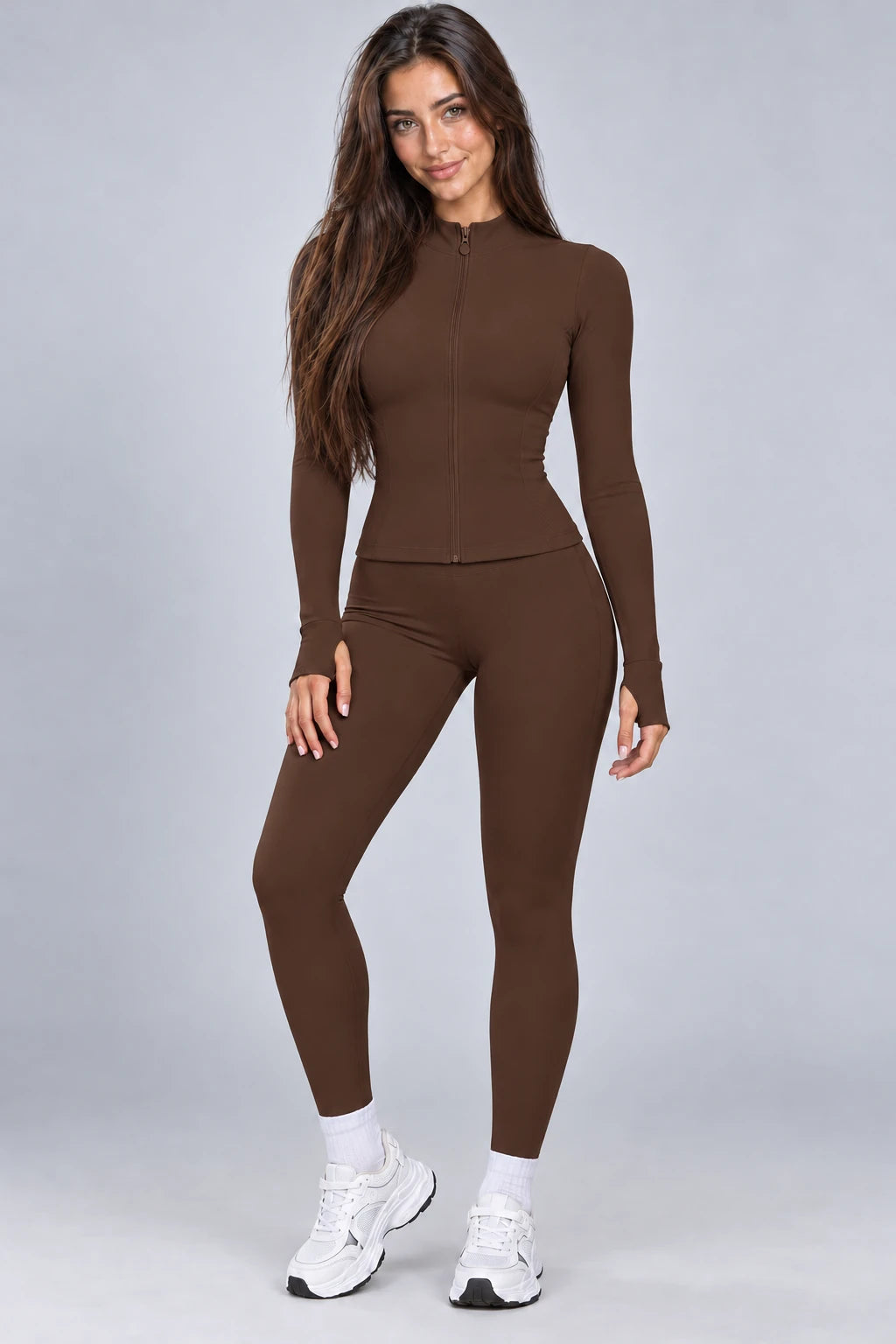 WEARHUB Nylon-Spandex Seamless Active Jacket — WHZ149 — Coffee, color front view